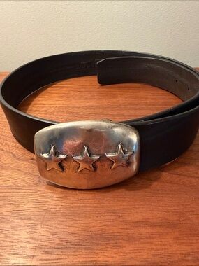 Black Leather Belt with Three-Star Metal Buckle